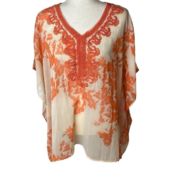 Chico’s chiffon poncho kimono sheer boho orange embroidered top size XL - Picture 3 of 8